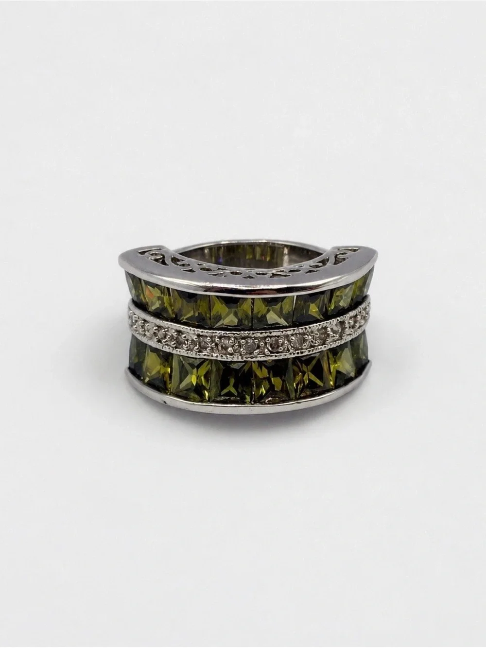 Park Lane Olive Green Crystal Wide Band Statement Ring Size 7